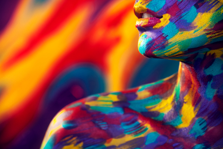 Portrait of the bright beautiful woman with art colorful make-up and bodyartの写真素材