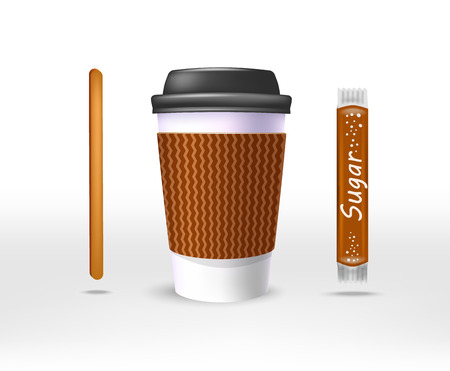 Paper cup of coffee in the kraft bag and a stirrer, a sugar stick, a plastic black cover.のイラスト素材