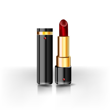 One glossy red lipstick with black open top cap and gold rim.のイラスト素材