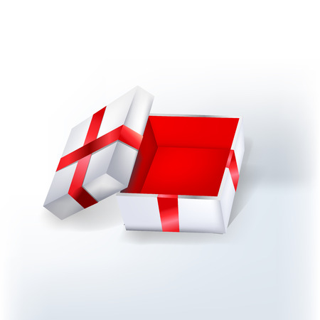 Open empty white gift box with red ribbon and red walls inside.のイラスト素材