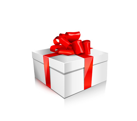single packaged flat white gift box with satin red bow and ribbon isolated on white backgroundのイラスト素材