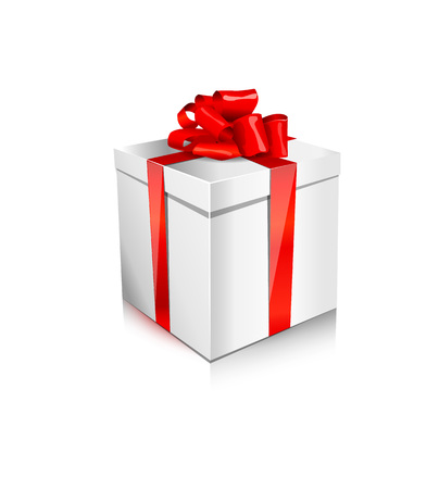 single packaged middle white gift box with satin red bow and ribbon isolated on white backgroundのイラスト素材