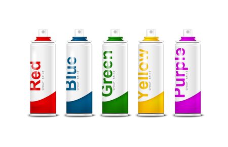 colored white aerosol spray paints of red, green, blue, yellow, purple color. Illustration on a white backgroundのイラスト素材