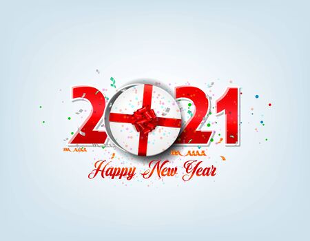 round Gift box happy New Year celebration 2021 with color confetti isolated, transparent effect. 3D Festive design for Holiday Christmas decoration Vector templateのイラスト素材