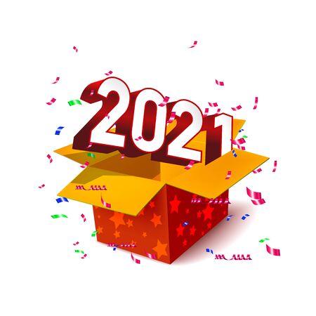 Gift box New Year celebration 2021 with color confetti isolated, transparent effect. Present magic box. 3D Festive design for Holiday Christmas decoration Vector templateのイラスト素材