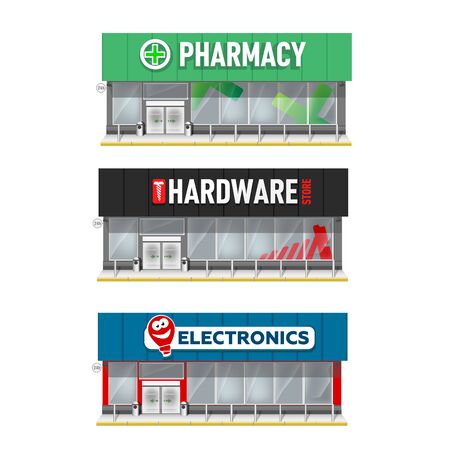 set of building facade illustration. Store of Pharmacy, Electronic shop, hardware storeのイラスト素材