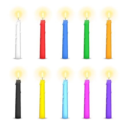 Color burning candle. Set of christmas or birthday candles with flames in Cartoon style. Vector illustration.のイラスト素材