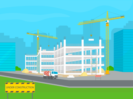 Building under construction. Development of modern architecture in the city. Construction machinery - building cranes, concrete mixer truck, signs, bricks and other elements. Vector illustration.のイラスト素材