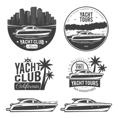 Set of yachtr logos, labels, emblems and design elements. Vector illustration, isolated on white background.のイラスト素材