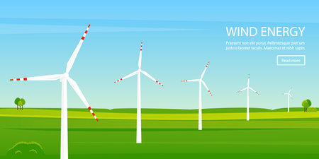 Windmill farm on green field. Electric energy background. Vector illustrationのイラスト素材