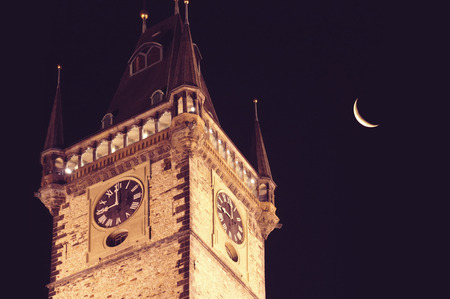 Prague clock tower by night, Prague, Czech republicの写真素材