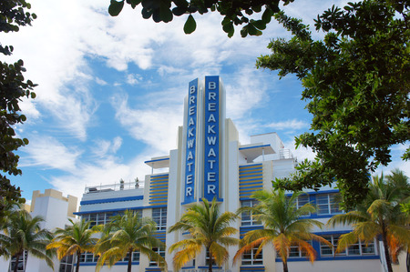 Miami, United States - February 11, 2016: The facade of Breakwater hotel, touristic attraction on the Ocean Drive street in the Miami Beach.のeditorial素材