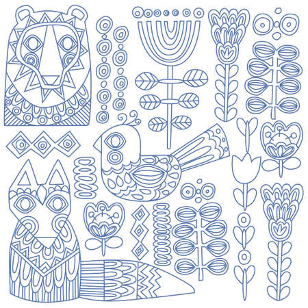 Set vector line blue in nordic style animals birds flowersのイラスト素材