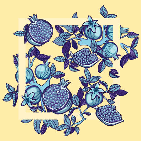 fruits and leaves of pomegranate blue yellow vector pattern in the author's style of the artistのイラスト素材