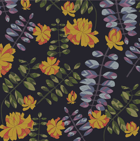 late autumn vector pattern with acacia leaves and flowers coloredのイラスト素材