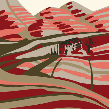 house in the mountains at sunset vector color patternのイラスト素材