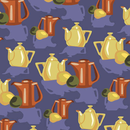 kitchen utensils still life of teapot and plates vector color patternのイラスト素材