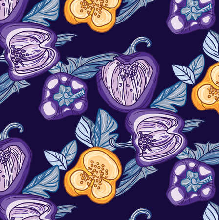 bell pepper fruits and leaves at night vector patternのイラスト素材