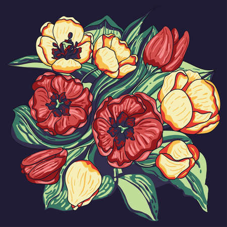 red and yellow tulips flowers and leaves color vector patternのイラスト素材