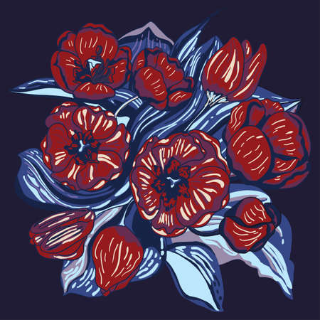 beauty tulips at night floral vector patternのイラスト素材