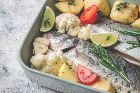 raw sea bass fish with vegetables prepared for baking