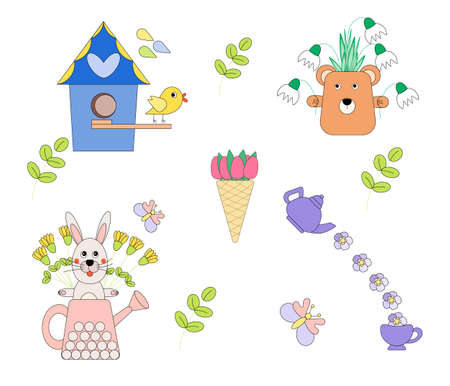 Spring set Spring set with cute animals and birds, butterflies, flowers, tableware elements, birdhouse and garden decorations - cute teddy bear with snowdrops. Vector illustrations, flat and cartoon.のイラスト素材