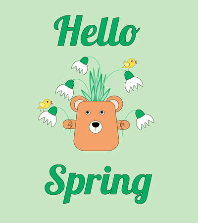 Cute spring card with snowdrops, birds and a vase in the form of a bear. Vector flat illustration.のイラスト素材
