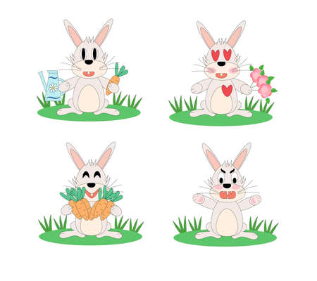 rabbit character. emotions. Rabbit gardener, loving, happy and angry. Vector flat illustration isolated on white backgroundのイラスト素材