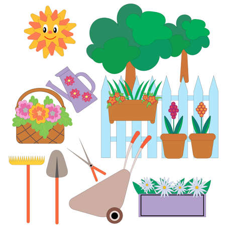 Collection of garden tools, flowers, plants. Design elements in a cartoon flat style. Color vector illustrations Isolated on a white.のイラスト素材
