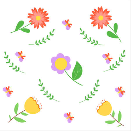 Pattern with spring flowers and butterflies on a white background. Seamless vector floral pattern.のイラスト素材