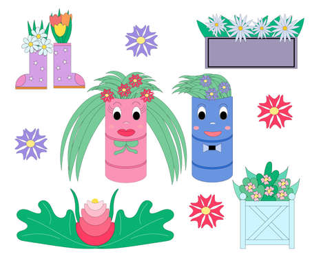 Set of garden flowers. Boots, barrels and different containers for flowers are used. Cartoon characters in the form of a pair of barrels with flowers. Vector flat illustration.のイラスト素材