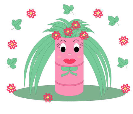 Barrel with flowers in cartoon style. Cute character girl_barrel with flowers on a white background. Vector flat illustration.のイラスト素材