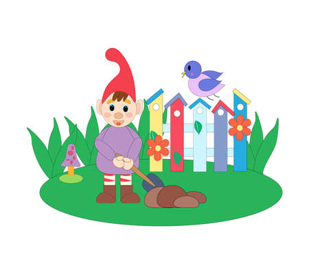 gnome character. Gnome with a shovel, a bird sits on a fence. Vector cartoon illustration.のイラスト素材