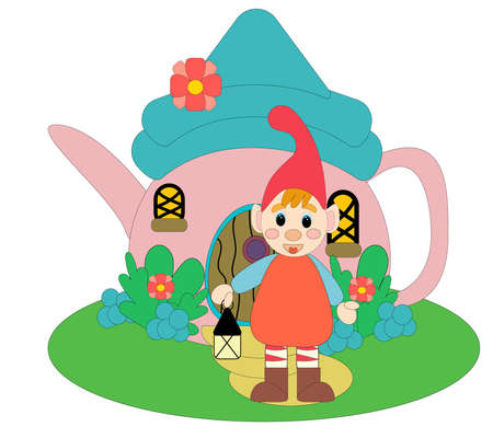 Cute dwarf with a flashlight on the background of a house with flowers and plants. Vector cartoon illustration on a white background.のイラスト素材