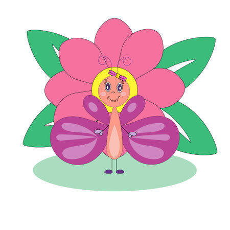 Butterfly character. Against the background of a flower. Flat cartoon illustration isolated on white background.のイラスト素材