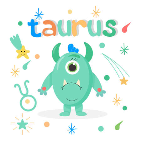 Cute cartoon zodiac monster Taurus. Against the background of cosmic attributes, stars, shooting star, zodiac sign. Great print for kids clothes. Postcard for congratulations.のイラスト素材