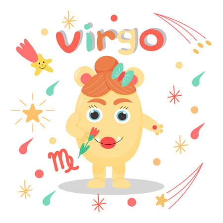 Cute cartoon zodiac monster Virgo. Against the background of cosmic attributes, stars, shooting star, zodiac sign. Great print for kids clothes. Postcard for congratulations.のイラスト素材