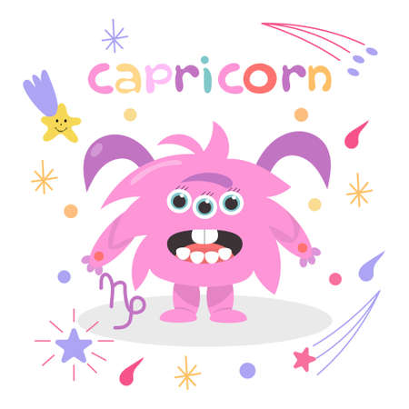 Cute cartoon zodiac monster Capricorn. Against the background of cosmic attributes, stars, shooting star, zodiac sign. Great print for kids clothes. Postcard for congratulations.のイラスト素材