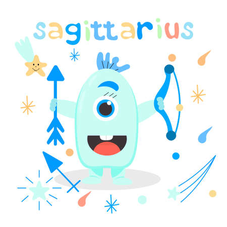 Cute cartoon zodiac monster Sagittarius. Against the background of cosmic attributes, stars, shooting star, zodiac sign. Great print for kids clothes. Postcard for congratulations.のイラスト素材