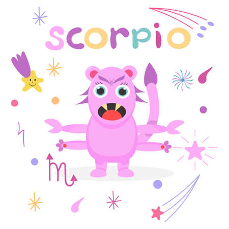 Cute cartoon zodiac monster Scorpio. Against the background of cosmic attributes, stars, shooting star, zodiac sign. Great print for kids clothes. Postcard for congratulations.のイラスト素材