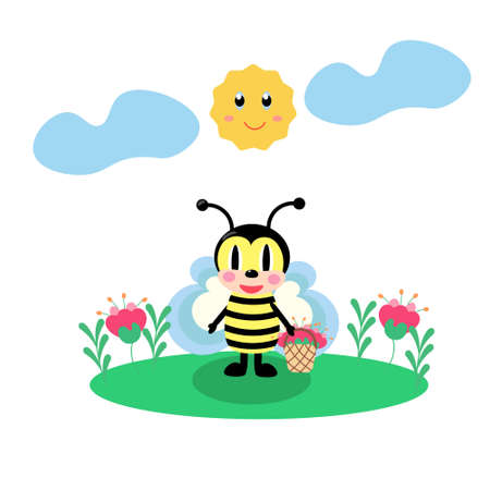 Cute bee with a basket of flowers in a flower meadow. Vector flat cartoon illustration.のイラスト素材