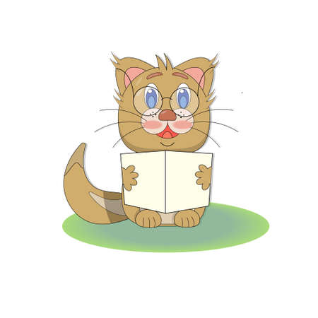 Cute kitten reading a book or newspaper, vector cartoon illustrationのイラスト素材