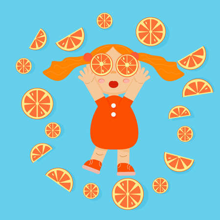 Cute girl with oranges. The background is blue with pieces of orange. cartoon flat illustration.のイラスト素材
