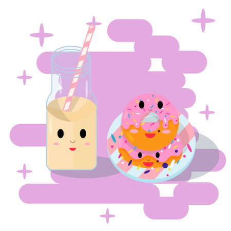 Cute illustration of the characters of a donut and a bottle with a milkshake. flat cartoon illustration.のイラスト素材