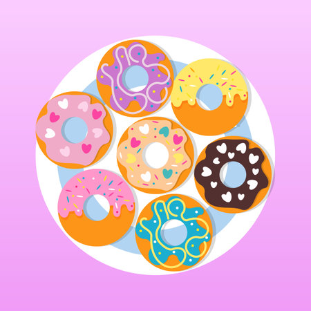 A set of appetizing cartoon donuts on a plate. Gradient in pink tones in the background. Vector flat illustration.のイラスト素材