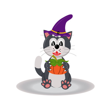 A cute cat in a witch's hat holds a festive pumpkin in his hands. Halloween. Vector flat illustration.のイラスト素材