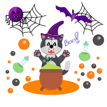 The cat is preparing a potion. Halloween. Spiders and bats, vial of potion. Vector flat illustration.のイラスト素材