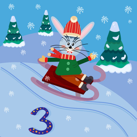 Third day of the New Year's advent calendar. A cute bunny is sledding. vector cartoon illustration.のイラスト素材