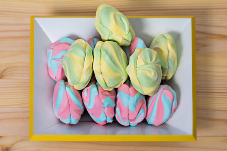 Colorful fluffy marshmallows, close-up,top view, horizontally, copyspaceの写真素材