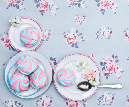 Colorful fluffy marshmallows on saucers on a background of floral print fabric, close-up, flat lay, top view, square, copyspaceの写真素材